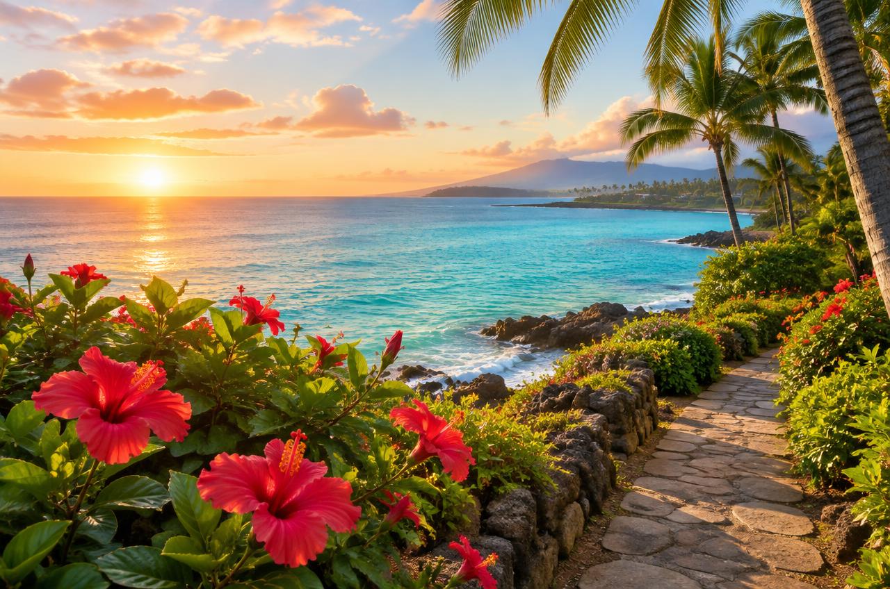 Red hibiscus flowers along a turquoise oceanfront path